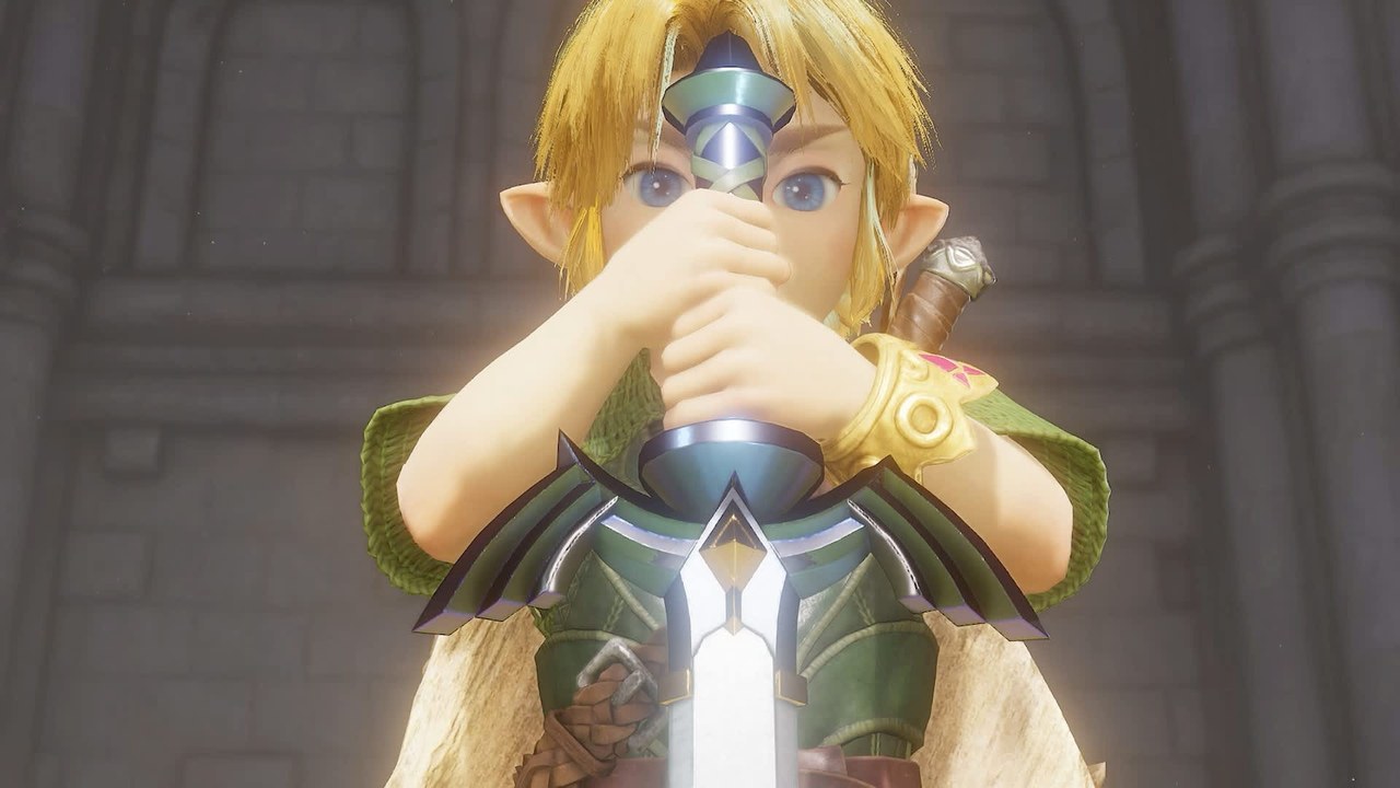 Young Link holding the Master Sword in Ocarina of Time on Switch 2