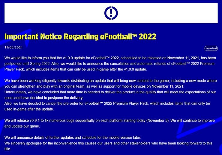 eFootball 2022 güncelleme ertelenmesine dair bildiri yayımlandı