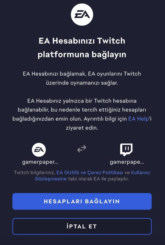 EA Hesabını Twitch Hesabına Bağlayın Uyarısı